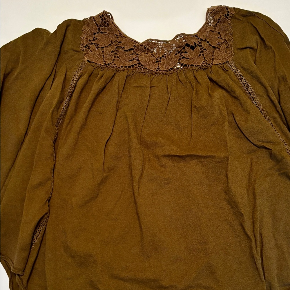 Lane Bryant Army Green Lace Trim Blouse Size 18/20 Boho Peasant Top